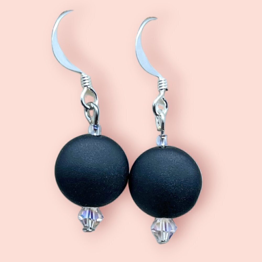 Black Sea Glass Circle Earrings | Handmade - Picture 4 of 5